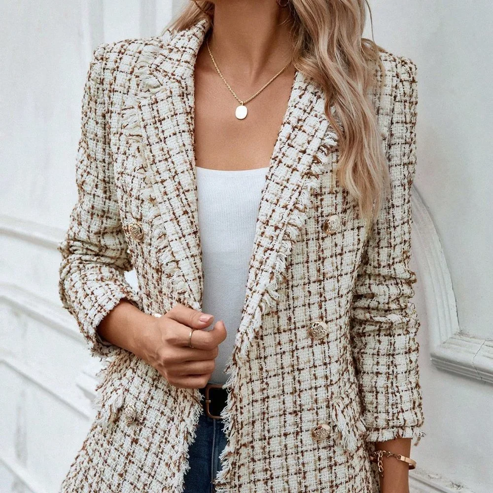 Classic Plaid Pattern Raw Trim Lapel Collar Tweed Blazer